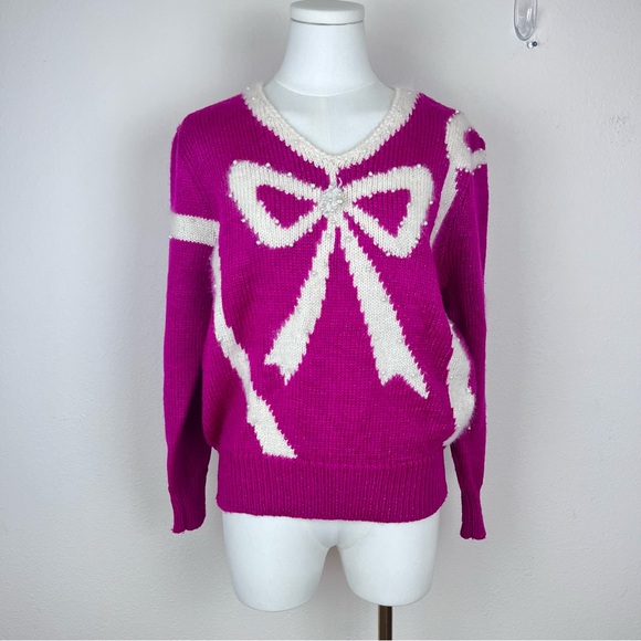 Vintage Jaclyn Smith Sweater Womens Medium Pink 80s 90s Beaded Bow Wool Angora - Picture 11 of 12